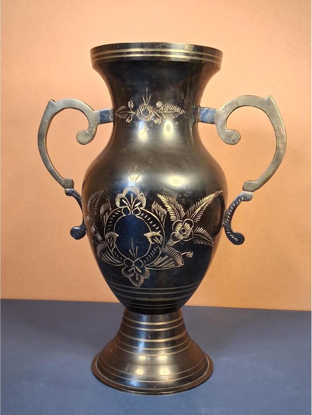 Vintage Black and Gold Etched Solid Brass Vase 8.5 Inch Tall
